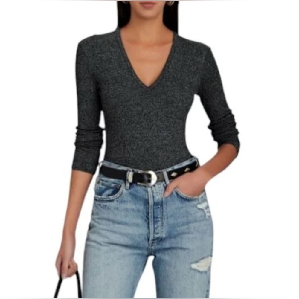 AGOLDE Tavi Mélange Rib Knit V Neck Sexy Bodysuit Size Medium - Picture 4 of 13